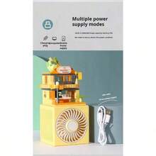 Ventilador de escritorio con vista a la calle, bloques de construcción, ensamblaje hecho a mano, bricolaje, silencioso, carga USB, pequeño ventilador, regalo creativo, divertidos bloques de construcción de dibujos animados, ventilador de escritorio, ventilador pequeño de tres velocidades, bricolaje, ensamblaje de partículas pequeñas, bloques de construcción, regalo creativo - Amarillo - Ver 4