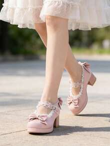 Women Kawaii Mary Janes Pumps With Bow Platform Dress Pumps Chunky Heel Cute Lace Sweet Party Shoes For Girls Students Lolita Style Mid Heel Shoes - 粉色 - 查看 4