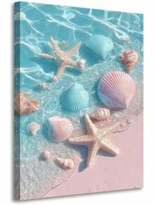 llribbons Decoración de Baño Conchas de Mar Estrella de Mar Arte de Pared en Lienzo Pintura de Paisaje Costero Soñador Océano Azul Impresiones de Efecto Rosa D para Dormitorio Sala de Estar Casa de Playa Decoración del Hogar Listo para Colgar  x - transparente - Ver 1