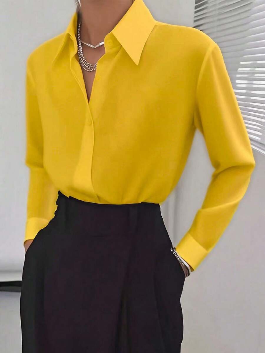 Women's Casual Solid Color Button-Up Office Shirt Spring - Yellow - View 1