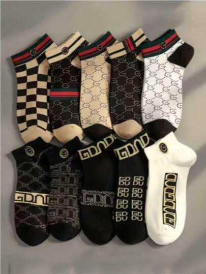 5 Pairs/10 Pairs Men's Thin Breathable Casual Ankle Socks, Luxury Brand Style Boat Socks