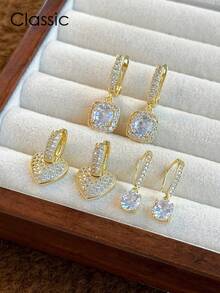 3对优雅奢华简约铜质微镶嵌立方氧化锆独特几何心形耳钉套装，时尚派对、日常佩戴，女士礼物，情人节礼物 - 金黃色 - 查看 9