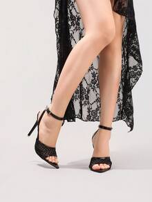 Modische schwarze Spitzen-High-Heel-Sandalen, sexy Spitzenschuhe mit offenem Zehenbereich für Party und Abend, Stilettos mit super hohen Absätzen für Frauen, Frühlings- und Sommeroutfits - Schwarz - Übersicht 7