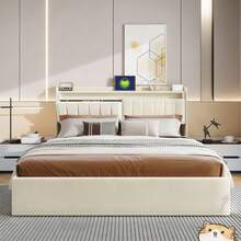 Caluself 90/140/160 X 190/200 Cm Double Bed Frame, Upholstered Bed, Hydraulic Storage Bed, Upholstered Lift Bed With Storage And Headboard With Storage, Wooden Slatted Base, Functional Bed, Youth Bed With Headboard And Slatted Frame, Velvet, Without Mattress - 米色 - 查看 3