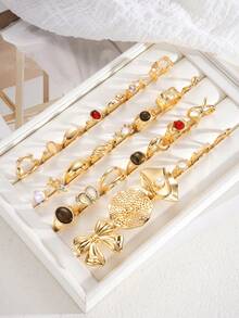 15pcs/Set Vintage Elegant Punk Metal Bow, Geometric, Round, Irregular, Tiger Eye, Heart, Faux Pearl Flower Split Ring Set, Suitable For Women Party, Date, Banquet, Street, Daily Matching, Gift For Friends (Random Style) - 金黃色 - 查看 5