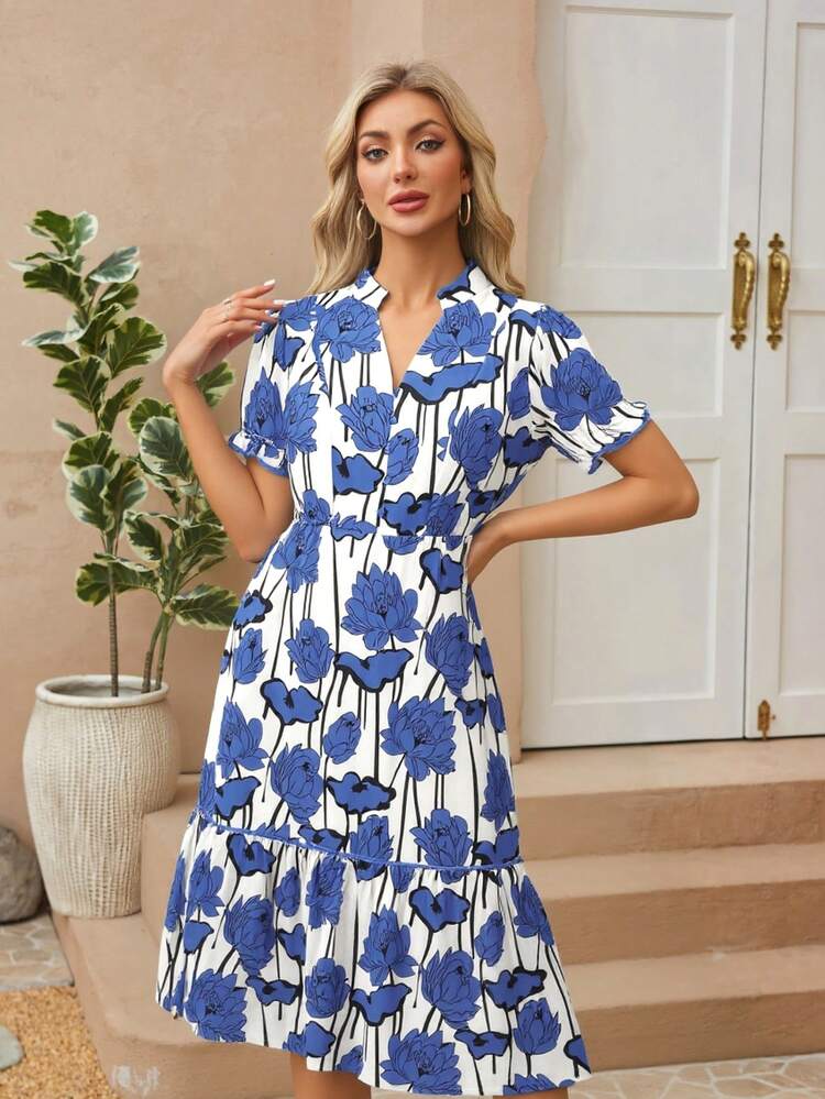 Women's Floral Print Chiffon Midi Dress – Wrap V-Neck, Short Ruffle Sleeves, Flowy Spring/Summer Casual
