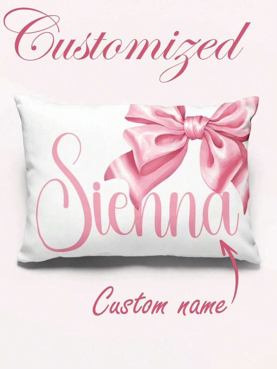 1pc Customized Pillow Case, Pink Bow Design, Personalized Name, Couple Engagement Gift, Customized Pillow Cover, Personalized Pillow, Christmas Gift - Multicolor - View 1