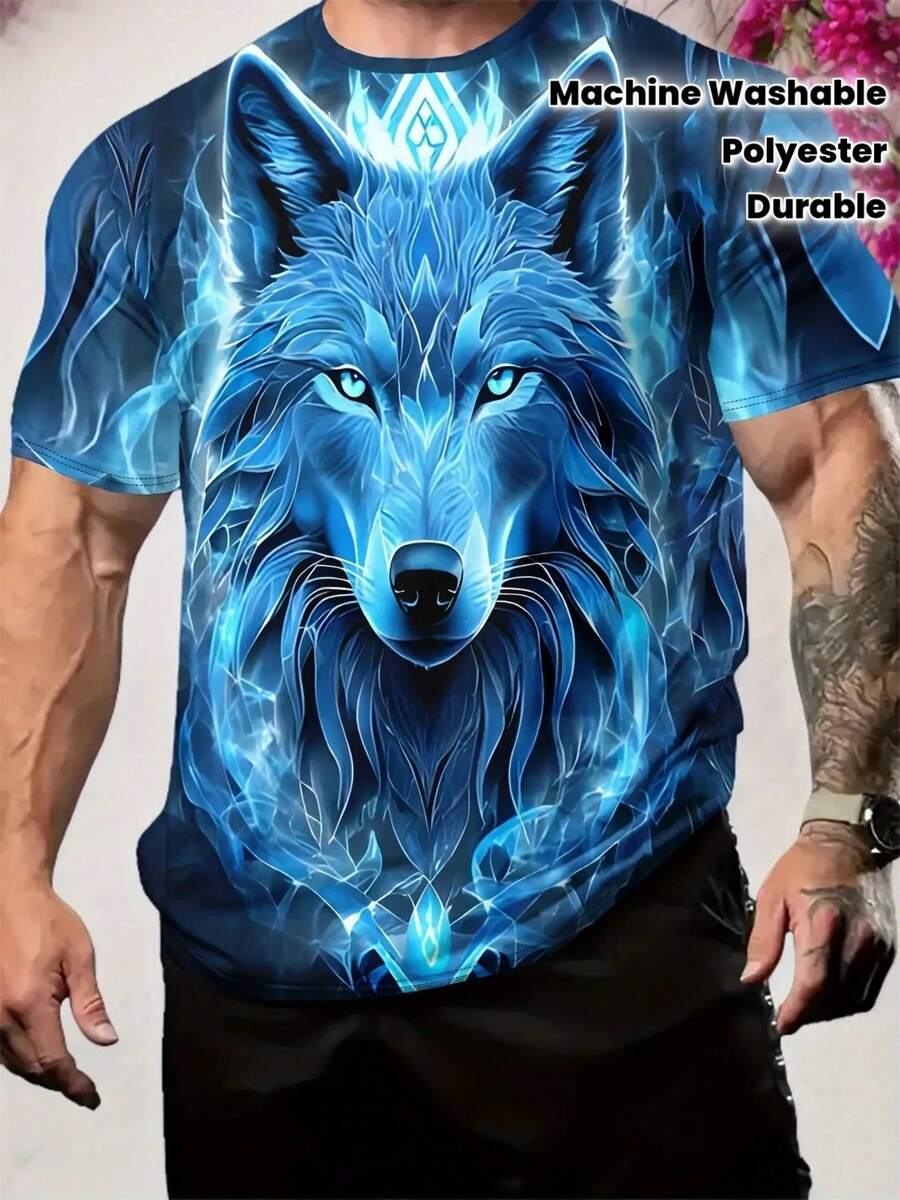 Men's Blue Flame Wolf King Print Full Body Pattern T-Shirt - Short Sleeve Fiber Casual Sportswear, Machine Washable, Suitable For Outdoor Leisure And Sports, Wolf Pattern T-Shirt, Active Lifestyle, Eye-Catching Design, Durable Fabric, Personalized Top, Plus Size - màu xanh da trời - Xem 1