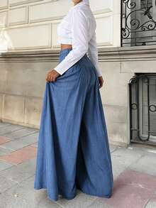 2026 New Spring/Summer Women's Solid Color Casual Elegant Back-To-School Pants, Outing, Date Pleated Wide Leg Pants, Valentine's Day Pants, New Year - Blue - View 7