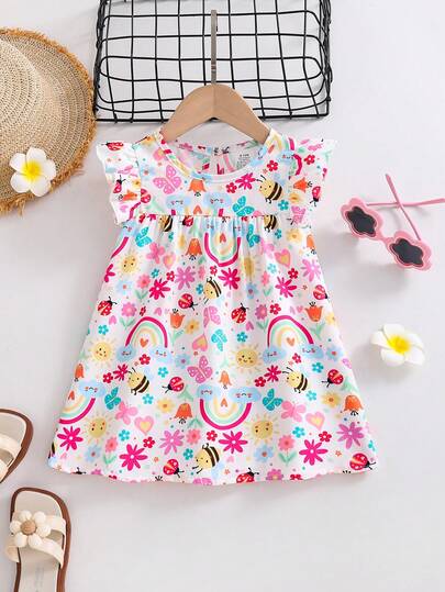 Baby Girls' Summer Fashion Cute Sleeveless Dress, Toddler Girls' Rainbow Bee & Flower Pattern Crew Neck Sleeveless Princess Dress, Comfortable Versatile Sweet Summer Outfit For Newborn, Outdoor, Daily, Casual, Birthday, Holiday Gift, Party, Vacation, 0-1-2-3 Years, 6-9 Months