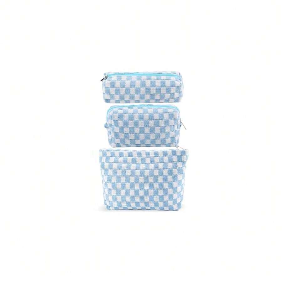 ZLFSRQ 3Pcs Checkered Makeup Bag For Women Large Small Checkered Cosmetic Bag Set Aesthetic Preppy Pencil Case Cute Pencil Pouch Blue Makeup Pouch For Purse Travel Toiletry Bags Zipper Skincare Bags - B-格子3件組混藍色 - 查看 1