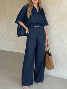 ANCHOSE Women's Spring/Autumn Navy Blue Short Sleeve Collared Shirt + Wide Leg Pants 2-Piece Set, With Adjustable Belt, Minimalist Chic Style For Commute And Everyday Wear - Navy Blue - View 6