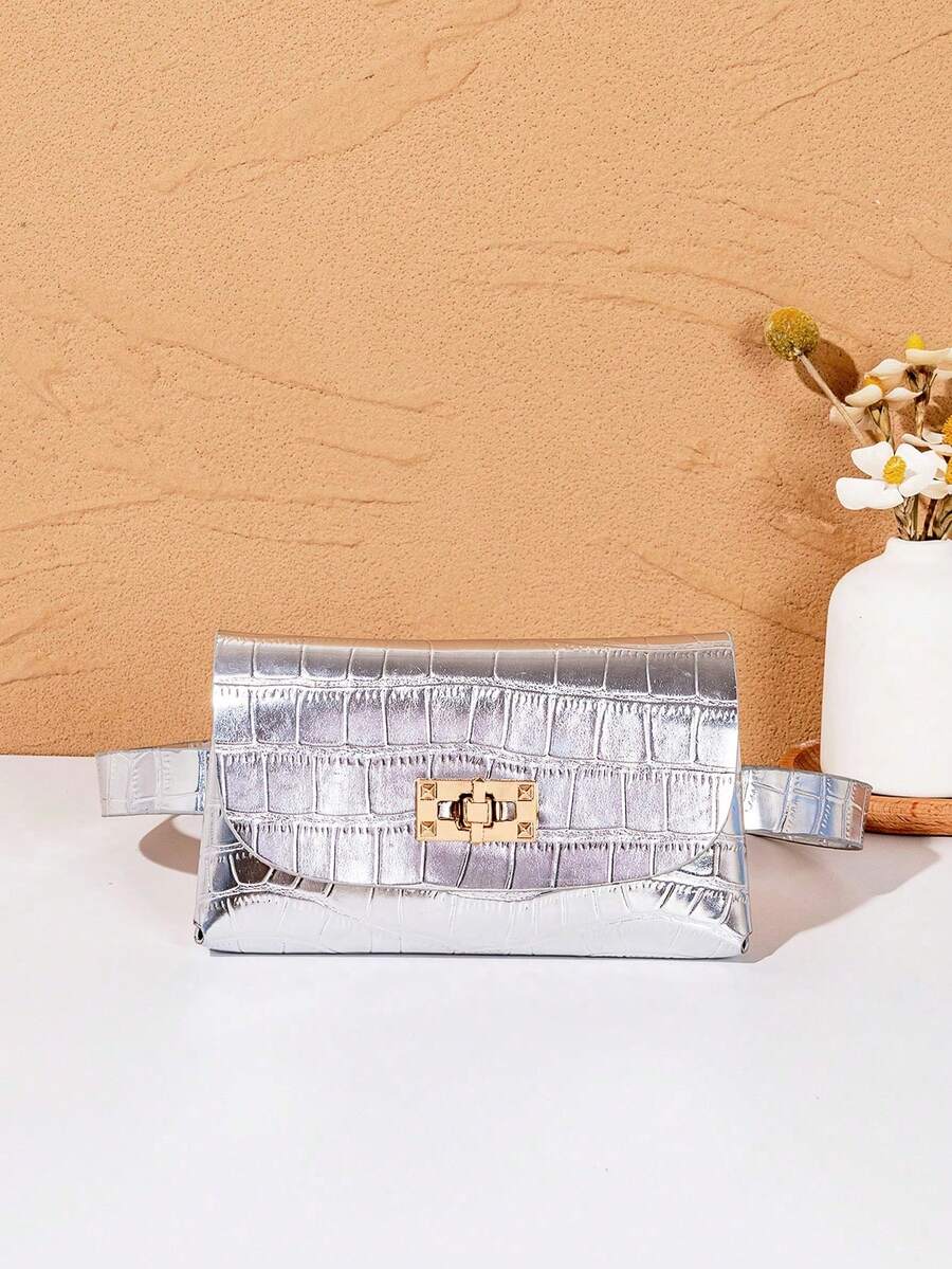 Mini Diamond Embossed Buckle Leather Waist Bag - Silver - View 1