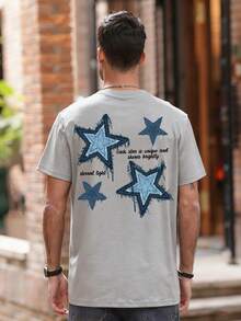 Men's Fashionable Loose Star & English Print Breathable Cotton Crew Neck Short Sleeve T-Shirt, Summer - Grey - View 2