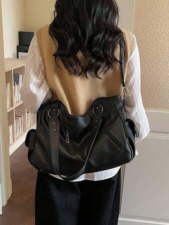 时尚大容量高品质韩版休闲简约轻便多功能PU软皮格纹铆钉复古休闲多拉链多口袋可调节可拆卸肩带女士单肩斜挎手提包，适合旅行、购物、约会、送礼，适合青少年、女大学生、新手和上班族女性，适合办公室、学校、工作、商务、通勤、户外、旅行、度假，两用