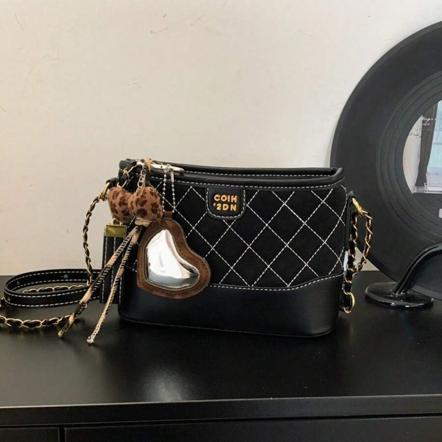 Bolso cruzado de mujer estilo cadenas cuadrillé a la moda 2026 diseño de dos colores bolso bandolera elegante y versátil para el día a día - Negro con colgante - Ver 1