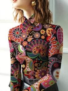 Plus Size Women's Floral Print Turtleneck Criss-Cross Neck Long Elegant T-Shirt - Multicolor - View 3