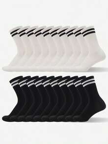 6双/15双/20双装条纹中筒袜，黑白双条纹纯色运动休闲舒适透气，男女通用长袜，白色/黑色/灰色可选，适合日常穿着、运动，四季皆宜。 - 彩色 - 查看 1