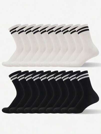 6双/15双/20双装条纹中筒袜，黑白双条纹纯色运动休闲舒适透气，男女通用长袜，白色/黑色/灰色可选，适合日常穿着、运动，四季皆宜。