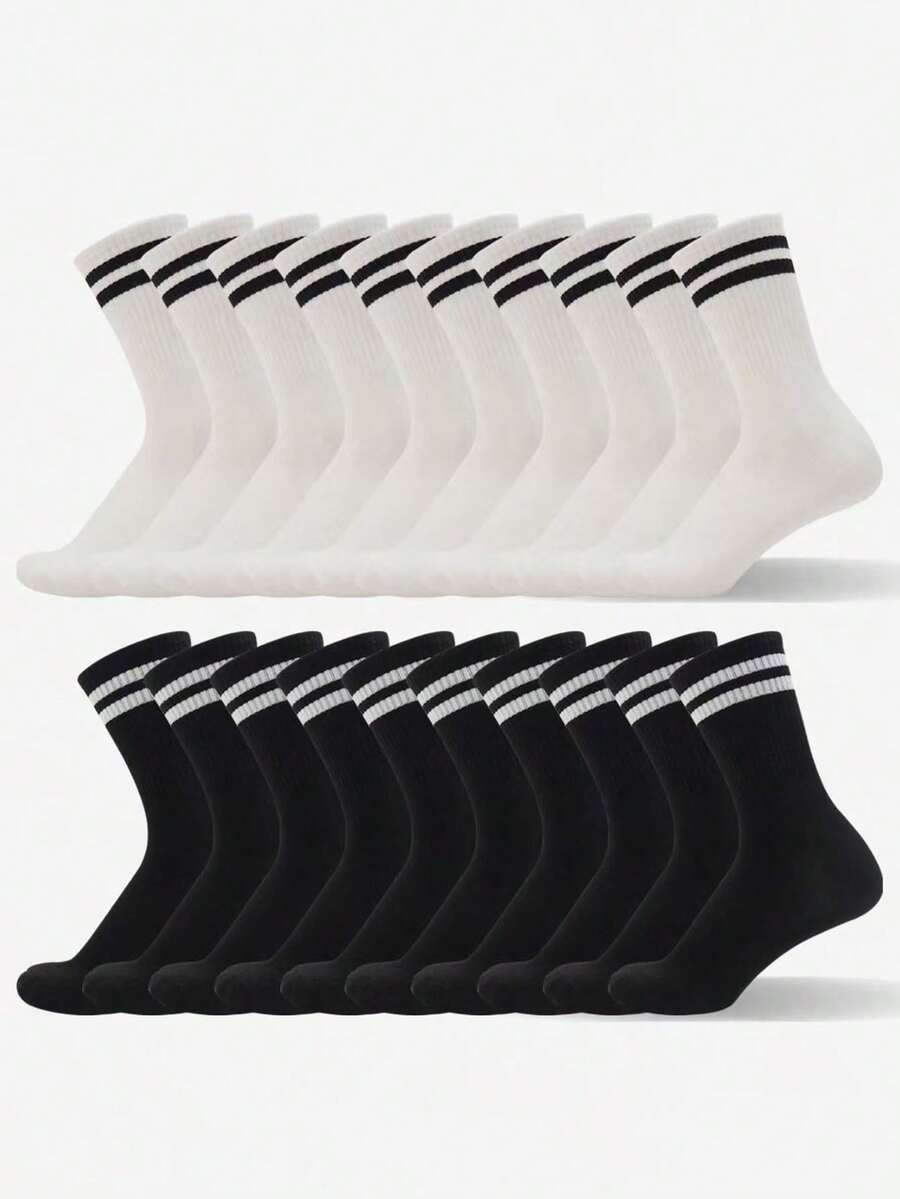 6双/15双/20双装条纹中筒袜，黑白双条纹纯色运动休闲舒适透气，男女通用长袜，白色/黑色/灰色可选，适合日常穿着、运动，四季皆宜。 - 彩色 - 查看 1