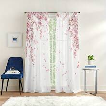 2PCS Simple And Romantic Pink Cherry Blossom Falling Printed Gauze Curtain, Spring Elegant Series Semi Transparent Home Decoration Gauze Curtain, Suitable For Living Rooms, Bedrooms, Study Rooms, Balconies, Offices And Restaurants All Year Round - 彩色 - 查看 3