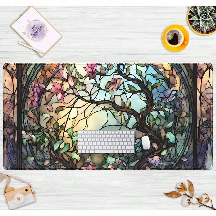 Stained Glass Tree Desk Mat Cartoon Tree Gaming Mouse Pad Large Extended Desk Matt For Desktop, Laptop Computer Keyboard Mouse Mat For Women Office Decor Accessories Deskmat,14x24 Inch Multiple Designs Available - Cây kính màu - Xem 1