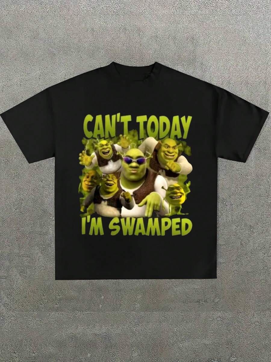 Can't Today I'm Swamped Meme Funny Shirt Cant Today Im Swamped Funny Meme Graphic Tee,Casual Print,Comfortable And Versatile,Letter Pattern Pure Cotton 220g Printed T-Shirt - 黑色 - 查看 1
