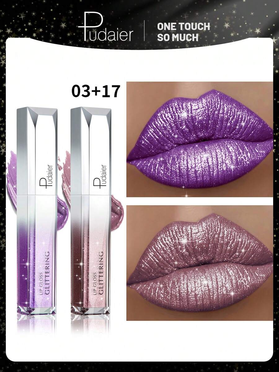 Pudaier 2pcs Metallic Diamond Lip Gloss - Shimmery Finish, Smooth Application, Long-Lasting Color, Moisturizing, Alluring Metallic Shine - 03+17 - View 1