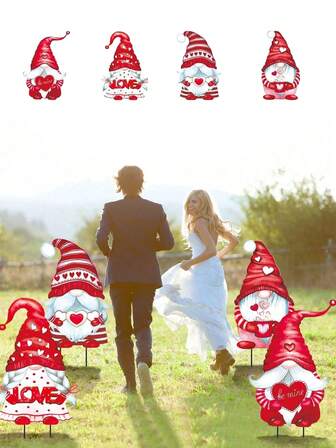 4个情人节小矮人花园装饰牌（带支架），心形小矮人户外装饰，适用于草坪、花园和婚礼装饰