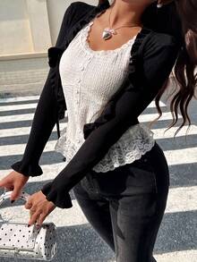 EARO Chic 女士白色纹理面料吊带背心，蕾丝边饰，纽扣细节，常规长度，休闲风格 - 白色 - 查看 6