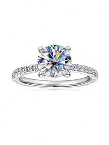 XUJIA 2克拉圆形莫桑石订婚戒指，925纯银经典周年纪念结婚戒指，8毫米莫桑石镶嵌隐藏式立方氧化锆，送给她的珠宝礼物