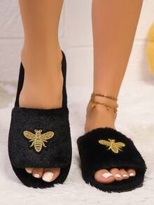 Women's Cute Cartoon Butterfly Embroidered Plush Open Toe Slippers, Soft, Comfortable, Lightweight Sole, Suitable For Living Room And Bedroom, All Season Insulation, Galentines, Puppy, Carnival, Party Decorations, Shoe, Spring Summer Picks, Brides Maid Gifts, Room, Bedroom Decor, Beach, Travel, For Men, For Women, Vacation, Women's Day, Travel Essentials, Wedding Favors, Y2k, Bedroom, Car Accessories Women, Kitchen Decor,Cute Stuff - Black - View 3