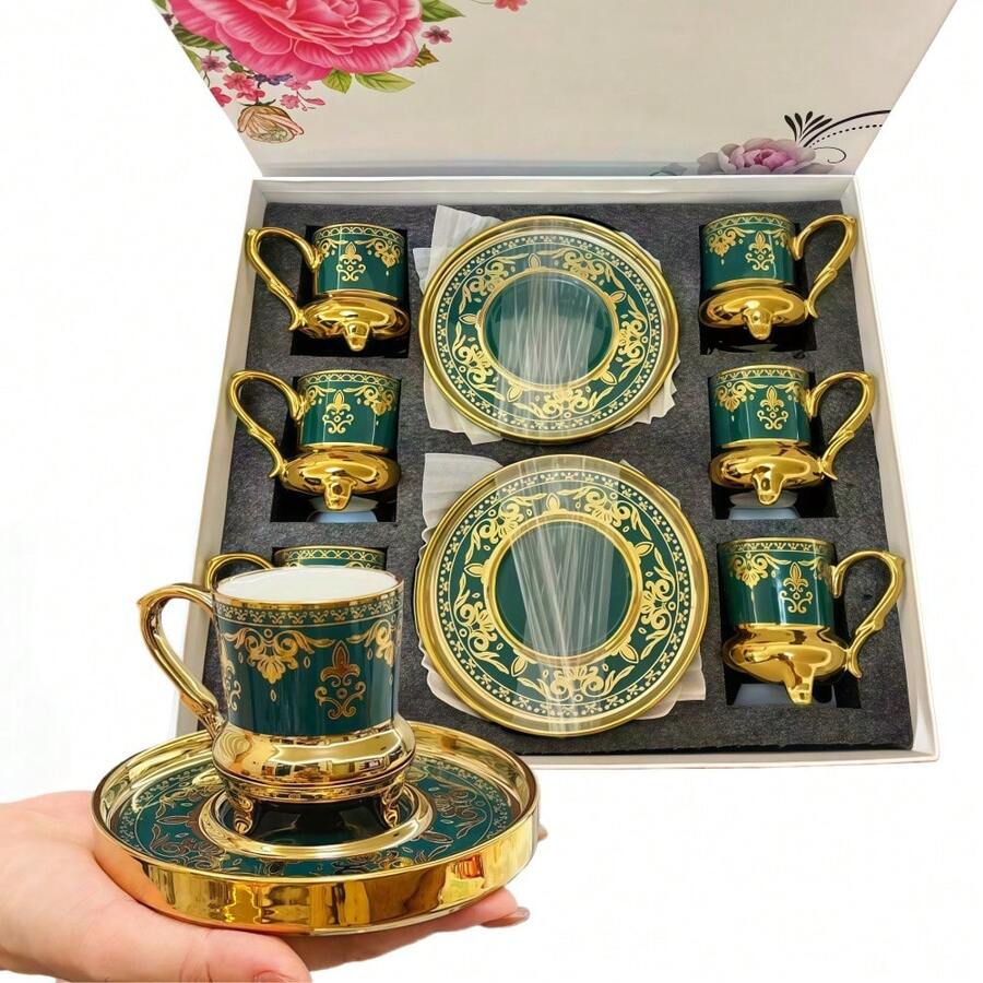 1/6pcs Set Luxury Embossed Floral Gold Rim Ceramic Coffee Cup & Saucer Set, 90ml/3.04oz Arabic Style Gold Rim Suitable For Cappuccino, Latte, Mocha, Milk, Double Espresso, Elegant Home Decor, Office, Kitchen, Perfect Gift For Christmas, Valentine's Day, Festival - Gift For Her/Him - Multicolor - View 1