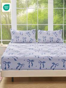 1pc Soft & Comfortable Fitted Sheet, Mattress Protector, Bedding Set, Bowknot Pattern, Blue, Home Decor, Valentine's Day Gift - Multicolor - View 10