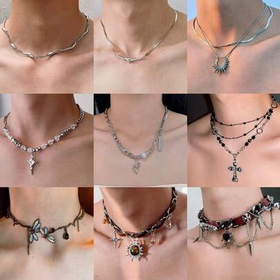 Collar de Hop Unisex con Colgante Cruzado de Parches Irregulares, Personalidad de , Subcultura Dulce y Genial, Nicho FNBG