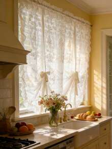 1pc Princess Style Floral Embroidery Tie-Up Sheer Curtain - Elegant Floral Pattern, White Ruffled Trim, Tie-Up Roman Shade Design, All Seasons, French Style Tie Up Sheer Voile Curtain For Living Room Kitchen Bathroom Wedding Party Window Decor - White - View 7