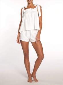 Women's White Ruffled Tie-Shoulder 2-Piece Loungewear Set Loose-Fit Shorts Sleepwear For Summer Relaxation - trắng - Xem 6