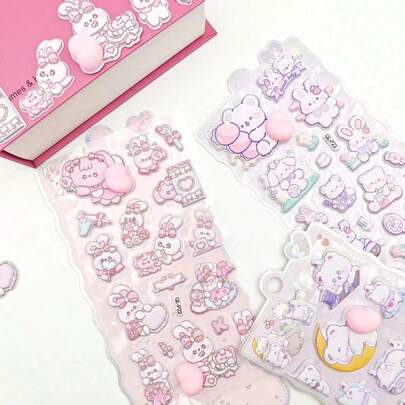 1pc Soft & Squishy 3D Flocked Sticker: A Rabbit Hugging A Heart, A Bear Lying On The Moon, Each One Is Cute & Warm, Emitting A Soft Pink Aura. A Delicate Gift To Add A Gentle Touch To Your Planner.