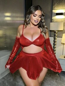 Bộ đồ lót gợi cảm, váy hai dây bóng bẩy dành cho màn trình diễn nhập vai. - Đỏ - Xem 3