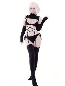 Sexy Cutout Knit Bikini Sweater Cosplay Set For Women – High Neck Anime-Inspired Doll Style Costume, 7-Piece Outfit With Top, Bikini, Gloves, Socks & Garter - 黑色 - 查看 1