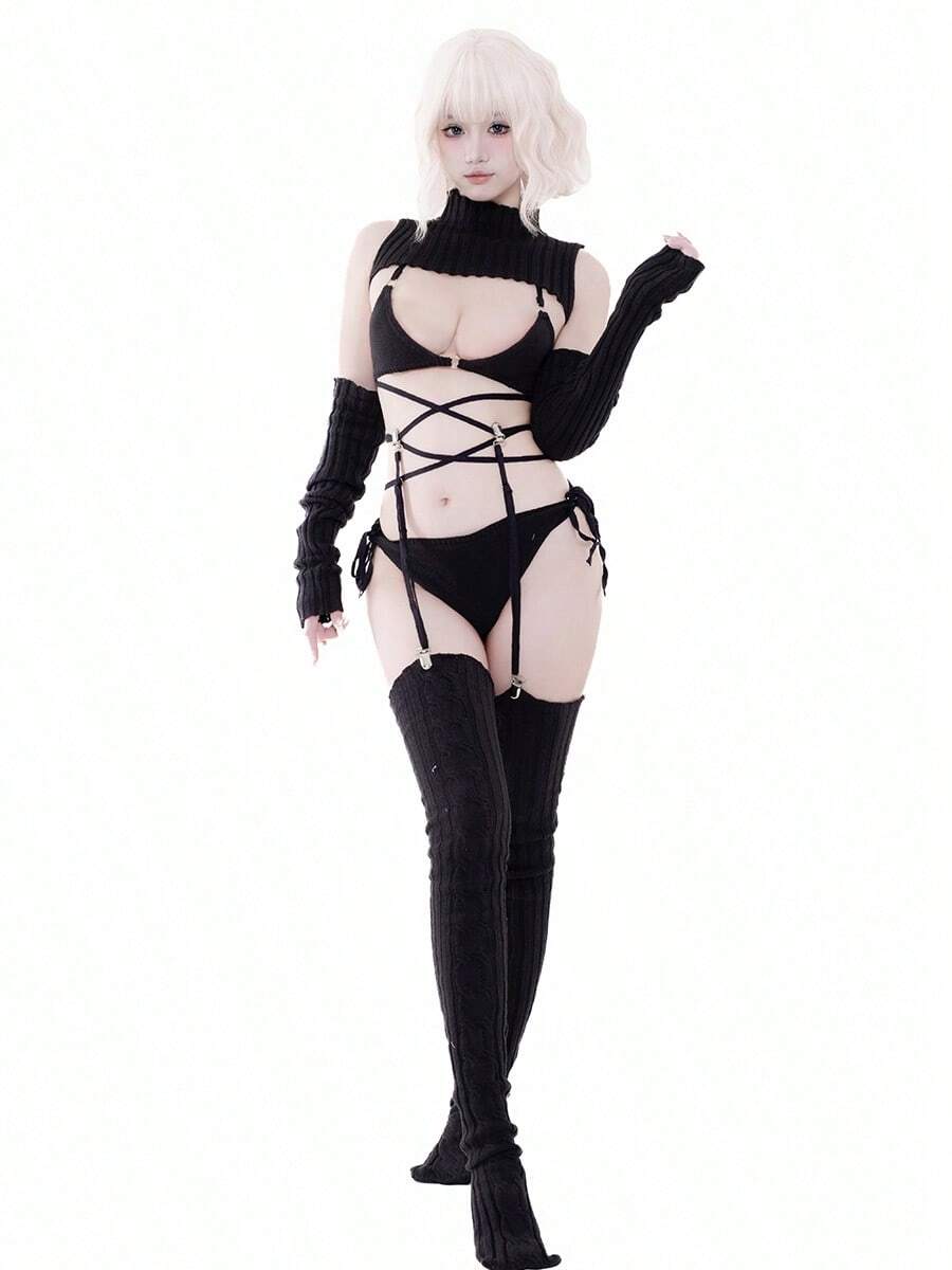 Sexy Cutout Knit Bikini Sweater Cosplay Set For Women – High Neck Anime-Inspired Doll Style Costume, 7-Piece Outfit With Top, Bikini, Gloves, Socks & Garter - 黑色 - 查看 1