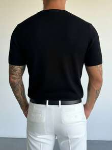 GRDR Jersey de punto de manga corta con cuello en V casual y retro para hombres, versátil - Negro - Ver 2