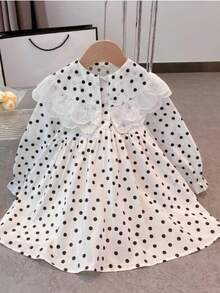 女童荷叶边彼得潘领波尔卡圆点印花长袖休闲连衣裙，适合日常穿着、度假、旅行、郊游、上学、秋季 - 白色 - 查看 2
