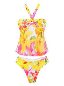 2026 New Arrival Sexy Long Floral Print 3 PiecesSwimsuit Set, European & American Style Vacation - Multicolor - View 4