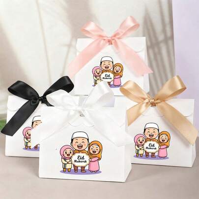 10Pcs Eid Mubarak Gift Boxes, Muslim Family Pattern Paper Gift Boxes With Ribbon Bows, 4 Colors Candy Chocolate Packaging Boxes For Eid Al-Fitr Ramadan Wedding Party Favors