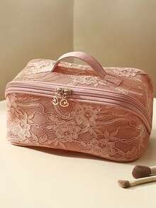 大容量化妆品及洗漱用品收纳包 - 优雅蕾丝拉链化妆包，宽敞旅行化妆包，男女通用，化妆间装饰 - 彩色 - 查看 1