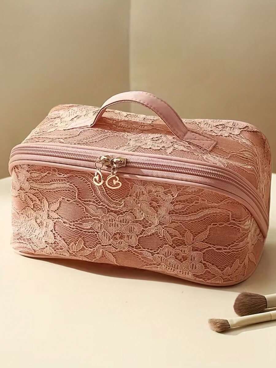 大容量化妆品及洗漱用品收纳包 - 优雅蕾丝拉链化妆包，宽敞旅行化妆包，男女通用，化妆间装饰 - 彩色 - 查看 1