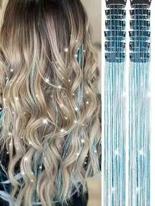 12片装夹式直发合成假发片，时尚派对礼物，女士闪亮发饰，12片/套，夹式假发片，20英寸彩色闪光发夹，节日礼物闪亮仙女发饰，派对闪光发夹，圣诞节