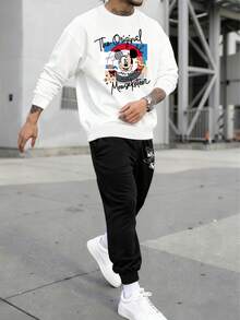 Disney A Round-Neck White Long-Sleeved Sweatshirt With A Collage-Printed Mickey Mouse Pattern, Paired With Black Casual Sports Leggings.Men 2 Pieces Set.Men Fall Clothes. - 白色 - 查看 1
