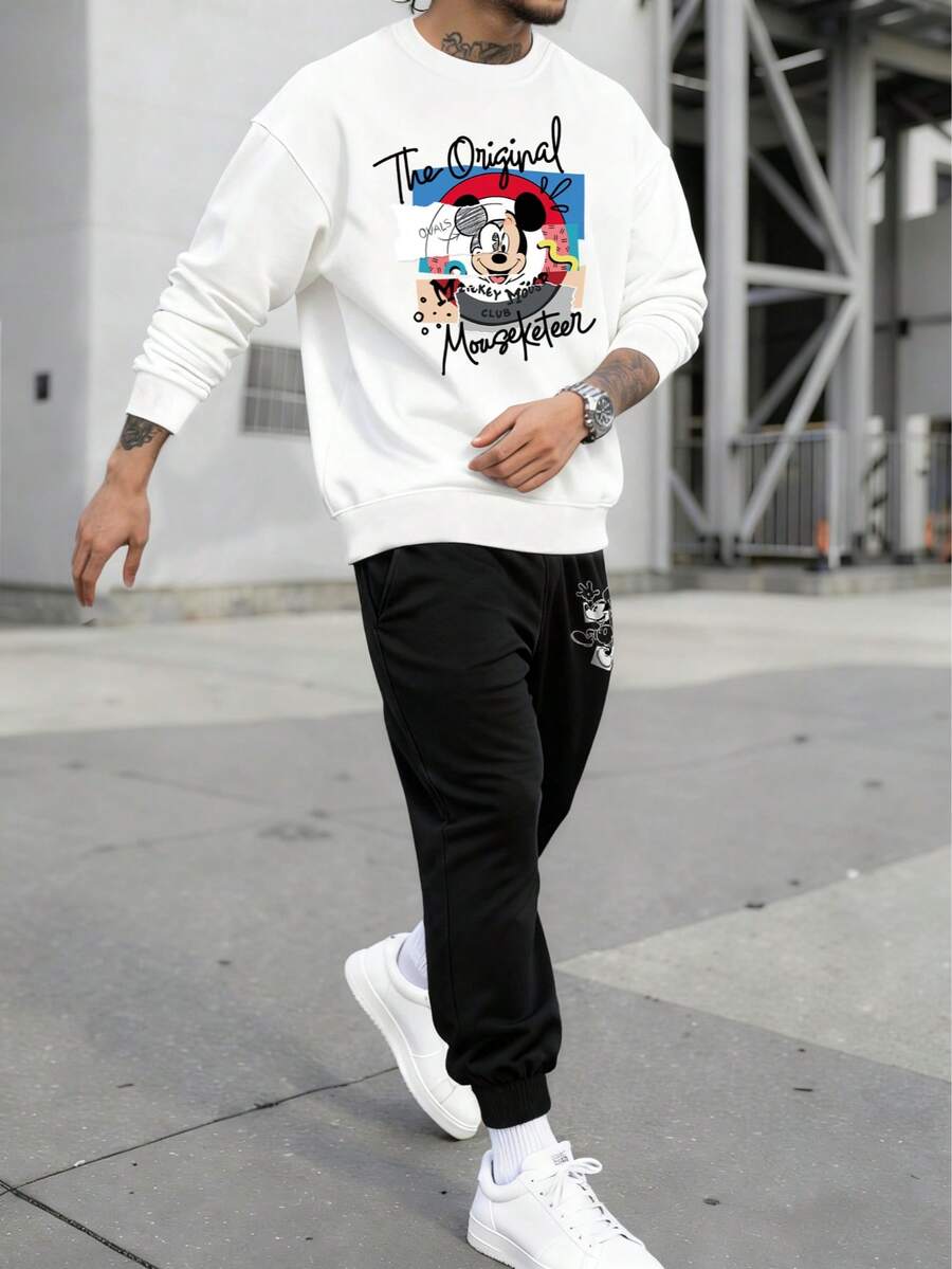 Disney A Round-Neck White Long-Sleeved Sweatshirt With A Collage-Printed Mickey Mouse Pattern, Paired With Black Casual Sports Leggings.Men 2 Pieces Set.Men Fall Clothes. - 白色 - 查看 1